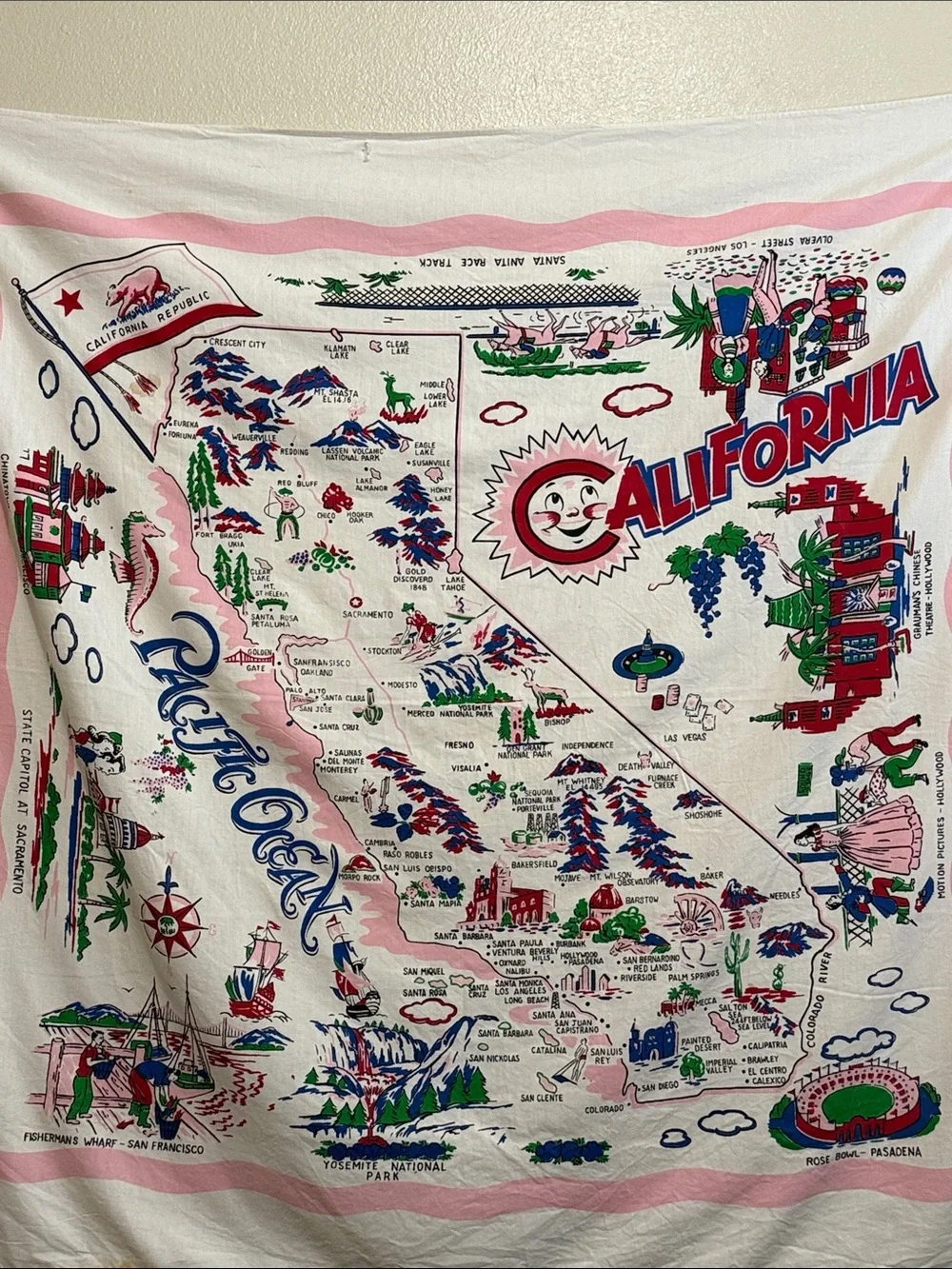 California Illustrated Map Tapestry - White with Pink, Red, Green, Blue Accents